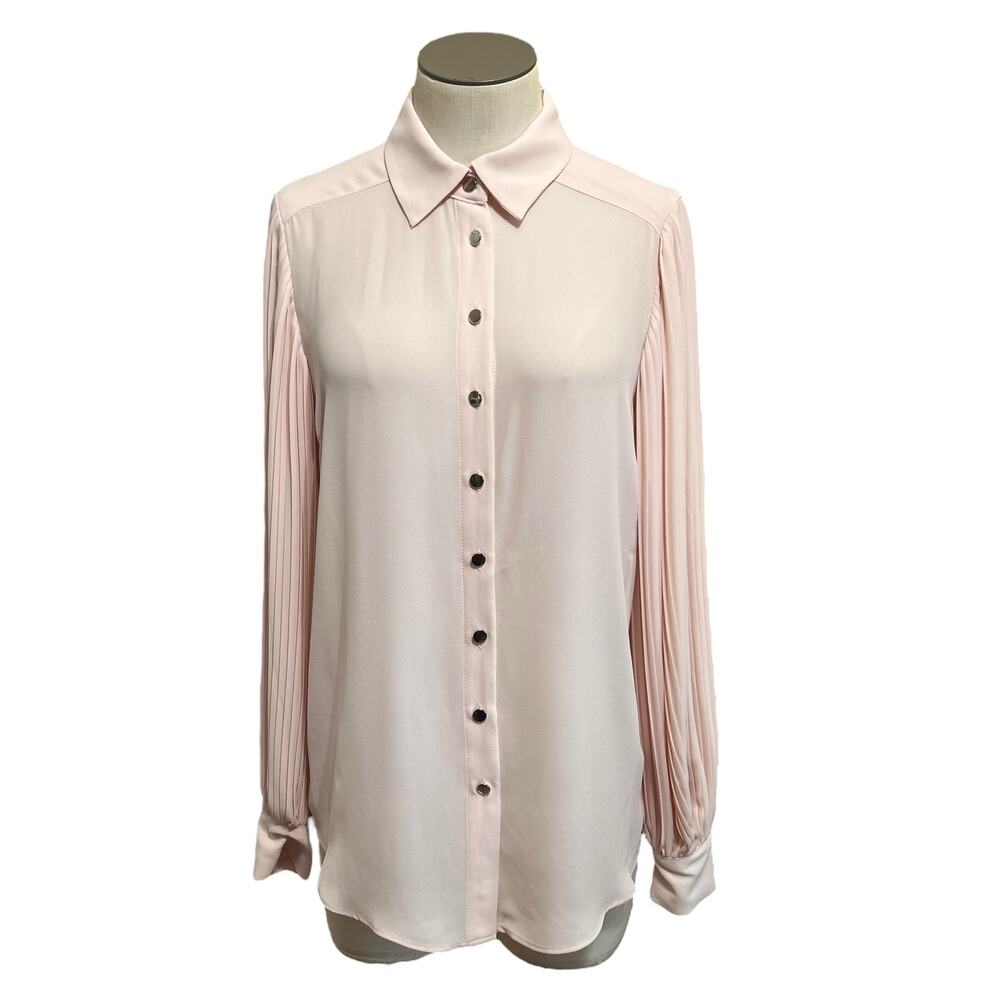 T Tahari Womens Blush Pleated Balloon Sleeve Button Up Romantic Blouse Sz XS